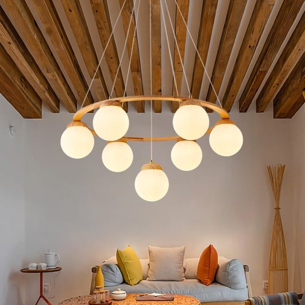 Lustre madeira bolas vidro