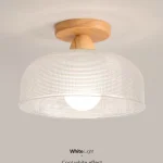 Luminária De Sobrepor Redonda De Vidro e Base Textura Madeira
